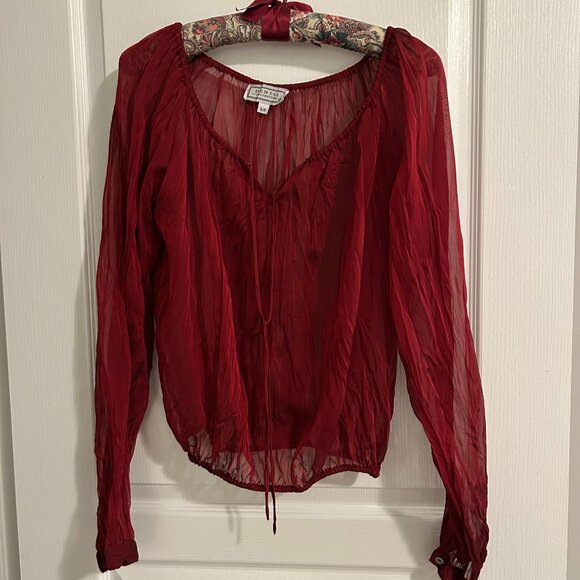 Sheer Crinkle Chiffon Blouse in Deep Ruby Red – Denise Collection, Size Small - Picture 1 of 4